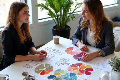 Interior designer che mostra palette di colori e campioni di tessuti a un cliente in un ambiente luminoso.