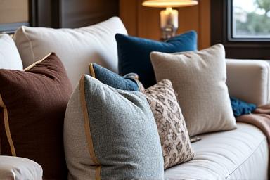 Gruppo di cuscini decorativi personalizzati su un divano, in diverse texture e colori eleganti.